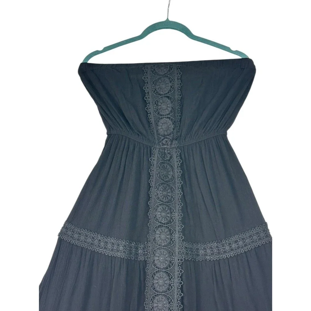 Black Gauzy Maxi Dress M Strapless Whimsy Goth Witchy Boho Festival Vampire - Picture 3 of 10